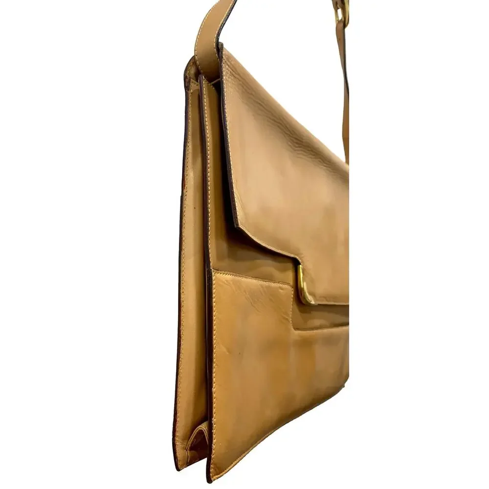 Vintage 70s Camel Leather Shoulder Bag w/ Brass Detail & Flap Closure